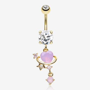 Golden Planet Heart Sparkle Orbital Dangle Belly Button Ring-Lavender